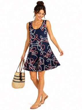 Gitane Nautical Rope Print Dress Medium Coastal Cruise Resort Navy Fit Flare